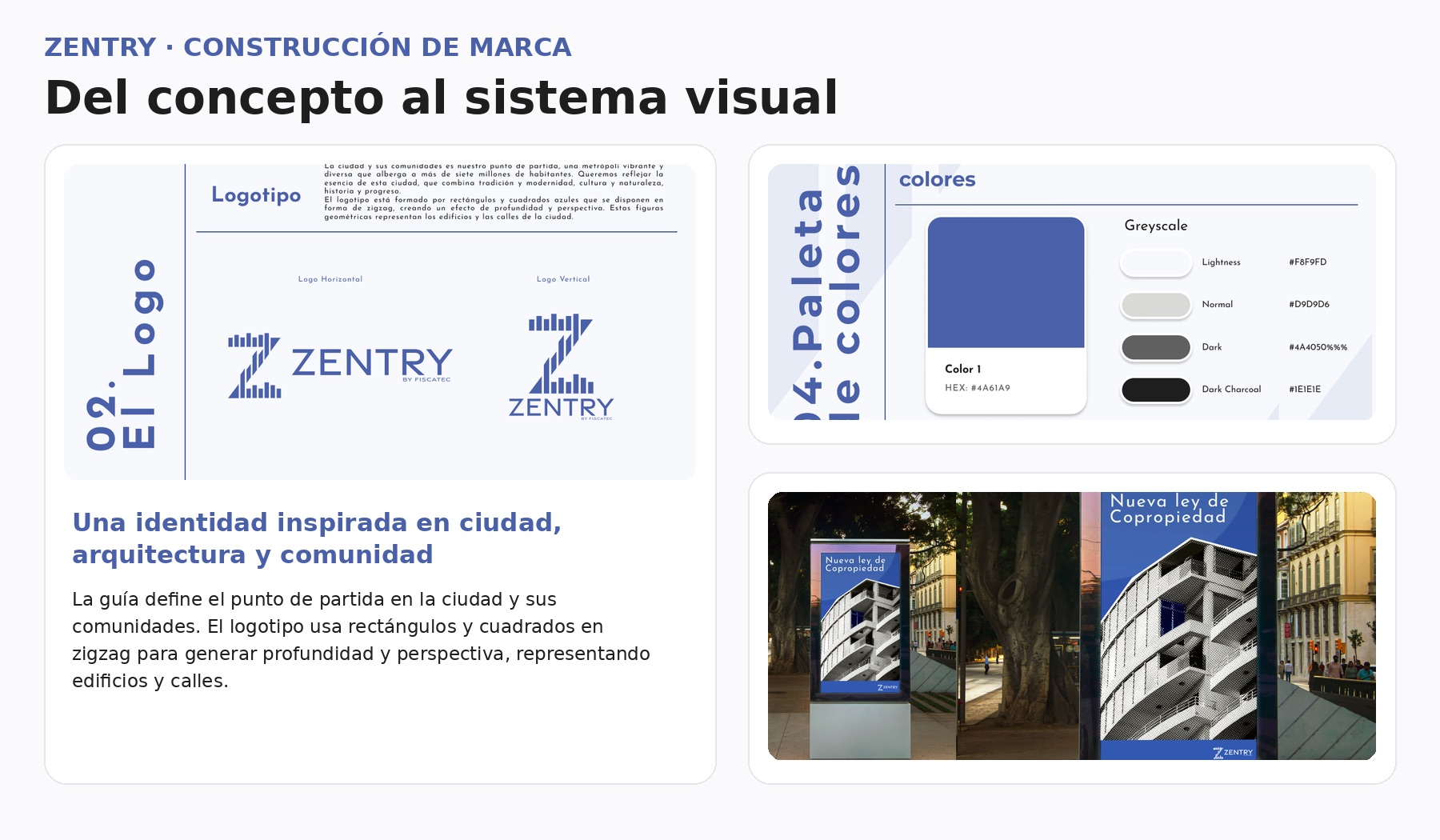 Detalle del logotipo, paleta cromática y aplicaciones de Zentry